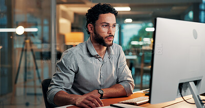 Buy stock photo Research, reading and man with computer in office for creative project with online article. Glasses, feedback and male magazine editor with communication or review for publishing on technology