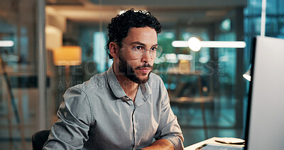 Buy stock photo Night, media agency and man with computer, reading and creative project with ideas. Person, evening and journalist with pc, website blog and submission with publishing and research for news report