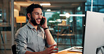 Business man, phone call and computer in office for insurance feedback, policy offer and night. Mobile, happy person and broker with tech for conversation, claims approval or communication in evening