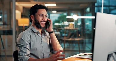 Buy stock photo Business man, phone call and computer in office for insurance feedback, policy offer and night. Mobile, happy person and broker with tech for conversation, claims approval or communication in evening