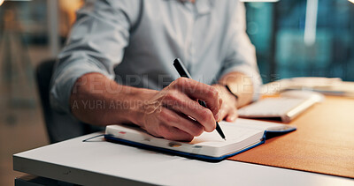 Buy stock photo Hands, writing and notebook at startup for project, proposal or research article at media company. Person, writer or journalist with story planning, editing or checklist for report at creative agency