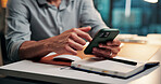 Phone, notebook and hands of business person in office for planning, contact and appointment reminder. Communication, schedule and networking with employee in agency for text message and journal