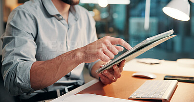 Buy stock photo Browsing, online and hands with tablet, office or plan for article on web, creative and working late. Scroll, research and person with tech for story, employee and journalist with deadline at night