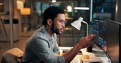 Buy stock photo Man, computer screen and review with trading, graphs and stock market stats with notes at night. Person, trader and pc monitor for fintech, investment or point with insight for charts at dark office
