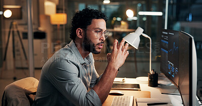 Buy stock photo Graphs, man and thinking with computer screen at night for market timing, trade decision or insight. Stocks dashboard, trader or price charts in office for risk management, global investment or stats