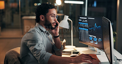 Buy stock photo Night, phone call or man with computer screen, trading or investment account with communication. Talking, evening or employee with pc, cellphone or statistics for profit increase or stock market risk