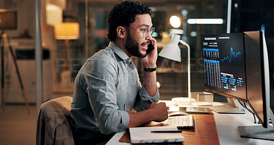 Buy stock photo Evening, phone call or man with computer screen, trading or investment account with communication. Person, night or stock market analysis with pc, cellphone or stats for profit increase or discussion