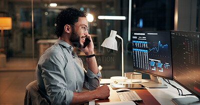 Buy stock photo Man, computer screen and phone call for trading, smile and stock market charts at night. Person, smartphone and explain with graphs, talk and consultation with investment portfolio in dark office