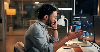 Buy stock photo Man, computer screen and phone call for trading, happy and stock market charts at night. Person, smartphone and explain with graphs, talk and consultation with investment portfolio in dark office