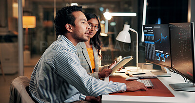 Buy stock photo Night, meeting and business people on computer for finance review, investment and budget planning. Office, working late and man with woman on tech for financial report, research and stock market