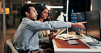 Pointing, meeting and business people on computer at night for finance review, investment and budget report. Office, working late and workers on tech for financial analytics, research or stock market