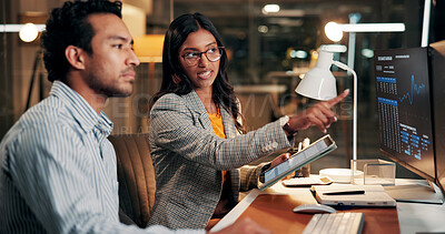 Buy stock photo Night, pointing and business people on computer for finance review, investment and online trading. Meeting, working late and workers on tech for financial report, research and stock market in office