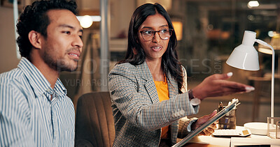 Buy stock photo Discussion, computer and business people in office at night with deadline for finance report. Collaboration, overtime and team of financial advisors with planning for investment proposal in workplace
