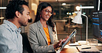Night, meeting and happy business people on tablet for finance review, investment and budget planning. Office, working late and man with woman on tech for financial report, research and stock market