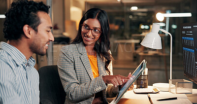 Buy stock photo Night, meeting and business people on computer for finance trading, investment and budget planning. Office, working late and man with woman on tech for financial report, research and stock market