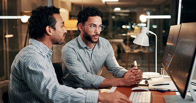 Buy stock photo Discussion, computer and business men in office at night with deadline for finance report. Collaboration, overtime and team of financial advisors with planning for investment proposal in workplace.