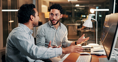 Buy stock photo Discussion, computer and business men in office at night with deadline for finance report. Collaboration, overtime and team of financial advisors with planning for investment proposal in workplace