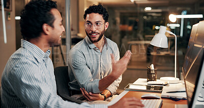 Buy stock photo Conversation, computer and business men in office at night with deadline for finance report. Collaboration, overtime and team of financial advisors with planning for investment proposal in workplace