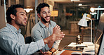 Conversation, computer and business men in office at night with deadline for finance report. Collaboration, overtime and team of financial advisors with planning for investment proposal in workplace