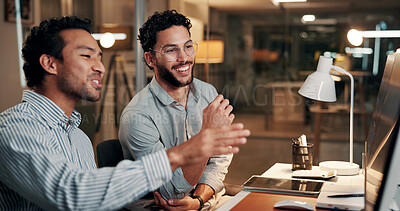 Buy stock photo Conversation, computer and business men in office at night with deadline for finance report. Collaboration, overtime and team of financial advisors with planning for investment proposal in workplace
