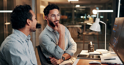 Buy stock photo Collaboration, computer and business men in office at night with deadline for finance report. Discussion, overtime and team of financial advisors with planning for investment proposal in workplace