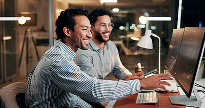 Buy stock photo Night, men and team with computer screen, office and smile for stock market or investment on website. Check, trading dashboard and people with tech for data analysis, working late and graphs on app