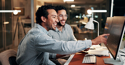 Buy stock photo Men, trading team and happy with computer screen, excited and profit on stock market at night in office. People, partnership and smile with monitor, overtime or point at charts for investment stats