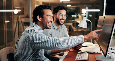 Buy stock photo Men, trading team and excited with computer screen, happy and profit on stock market at night in office. People, partnership and smile with monitor, overtime or point at charts for investment stats