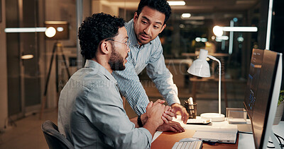 Buy stock photo Men, trading team and talk with computer screen, insight and review on stock market at night in office. People, partnership and strategy with monitor, overtime or feedback with charts for investment
