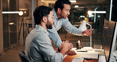 Buy stock photo Men, trading team and discussion with computer screen, insight and review on stock market at night in office. People, partnership and strategy with monitor, overtime or point at charts for investment