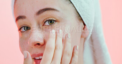 Buy stock photo Beauty, face and girl with oil in studio for hyaluronic acid, hydration and healthy skincare routine. Gen z, person and retinol serum application on pink background for brightening treatment and glow