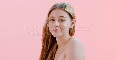 Buy stock photo Portrait, skincare and woman in studio, beauty and healthy skin on pink background. Mockup space, shine and confident person with wellness, dermatology and aesthetic with glow, cosmetics and mascara
