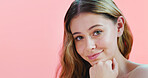 Portrait, skincare and woman in studio, cosmetics and healthy skin on pink background. Space, shine and person with wellness, dermatology and aesthetic with glow, foundation and beauty with treatment