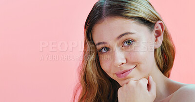 Buy stock photo Portrait, skincare and woman in studio, cosmetics and healthy skin on pink background. Mockup space, shine and person with wellness, dermatology and aesthetic with glow, happiness and beauty
