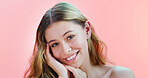 Portrait, skincare and woman in studio, smile and healthy skin on pink background. Space, shine and person with wellness, grooming and aesthetic with glow, cosmetics and beauty with treatment