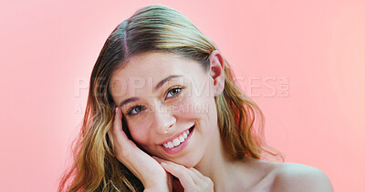 Buy stock photo Portrait, skincare and woman in studio, smile and healthy skin on pink background. Space, shine and person with wellness, grooming and aesthetic with glow, cosmetics and beauty with treatment