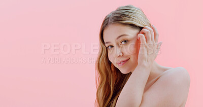 Buy stock photo Portrait, cosmetics and woman in studio, shine and healthy skin on pink background. Mockup space, beauty and person with wellness, dermatology and aesthetic with skincare, smooth and confident