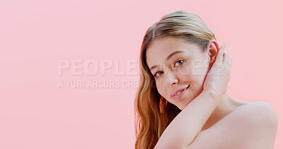 Buy stock photo Portrait, skincare and woman in studio, glow and healthy skin on pink background. Mockup space, shine and happy person with wellness, confidence and aesthetic with beauty, cosmetics and smooth