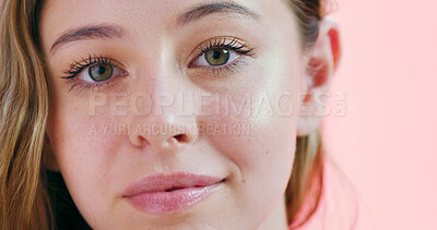 Buy stock photo Portrait, glow and woman with makeup, studio and pride with mascara for change, beauty and cosmetics. Confident, person and self care with makeover, pink background and foundation for face in USA