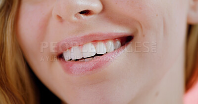 Buy stock photo Dental, smile and clean with mouth of woman for oral hygiene, self care and veneers. Orthodontics, happy and teeth whitening with closeup of female person for gum, aesthetic and fresh breath