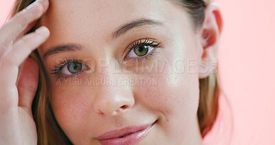 Buy stock photo Happy, portrait and woman with makeup, studio and pride with mascara for change, beauty or cosmetics. Confident, person and self care with makeover, pink background and foundation for face in USA