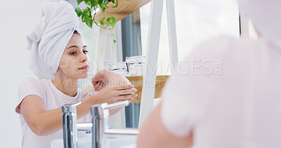 Buy stock photo Mirror, woman and grooming in bathroom with elbow, moisturizing and getting ready for dermatology. Person, reflection and hydration in home with body care, wellness and morning routine for skincare.