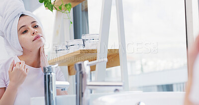 Buy stock photo Mirror, girl and beauty face cream in home for skincare routine, hydration and healthy skin. Space, gen z person and sunscreen application in bathroom for SPF protection, getting ready and self care