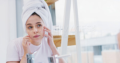 Buy stock photo Skincare, girl or check skin in mirror for acne treatment results, pimple control or grooming routine. Reflection, gen z person and blackhead inspection in home for self care, getting ready and space