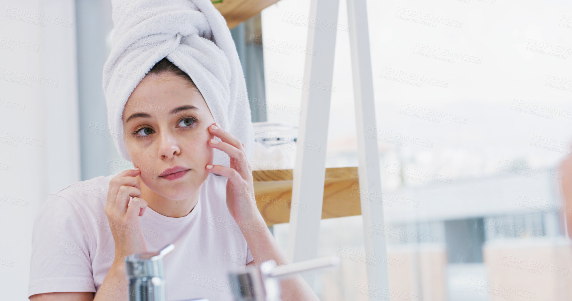 Buy stock photo Skincare, girl or check skin in mirror for acne treatment results, pimple control or grooming routine. Reflection, gen z person and blackhead inspection in home for self care, getting ready and space