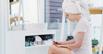 Buy stock photo Woman, nail polish and relax in bathroom with hands for beauty routine, grooming or getting ready. Person, manicure or pamper treatment in home with color for painting fingers, wellness or self care.