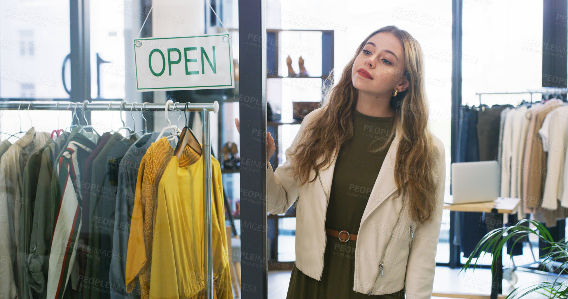Buy stock photo Small business, sale and woman with clothes, open sign or outfit in designer boutique or thrift store. Entrepreneur, wait and retail owner for service, deal or startup with quality fabric at mall