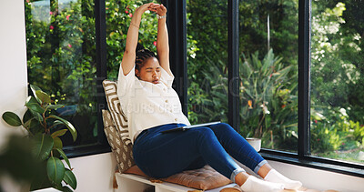 Buy stock photo Stretching, woman and tired in home, window and done with project, freelancer and writer with laptop. Exhausted, black person and low energy after article publication, remote work and tech in house