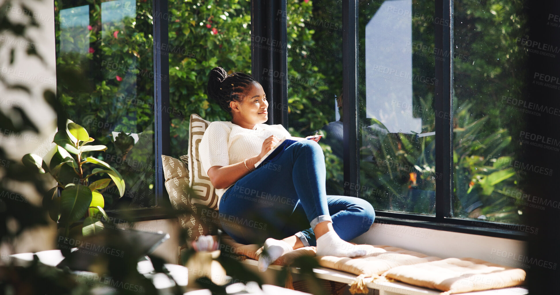 Buy stock photo Happy, woman and thinking with notebook, window and writer with ideas for novel or planning in home. Creative, author and black person with journal for story, reflection and smile for remote work