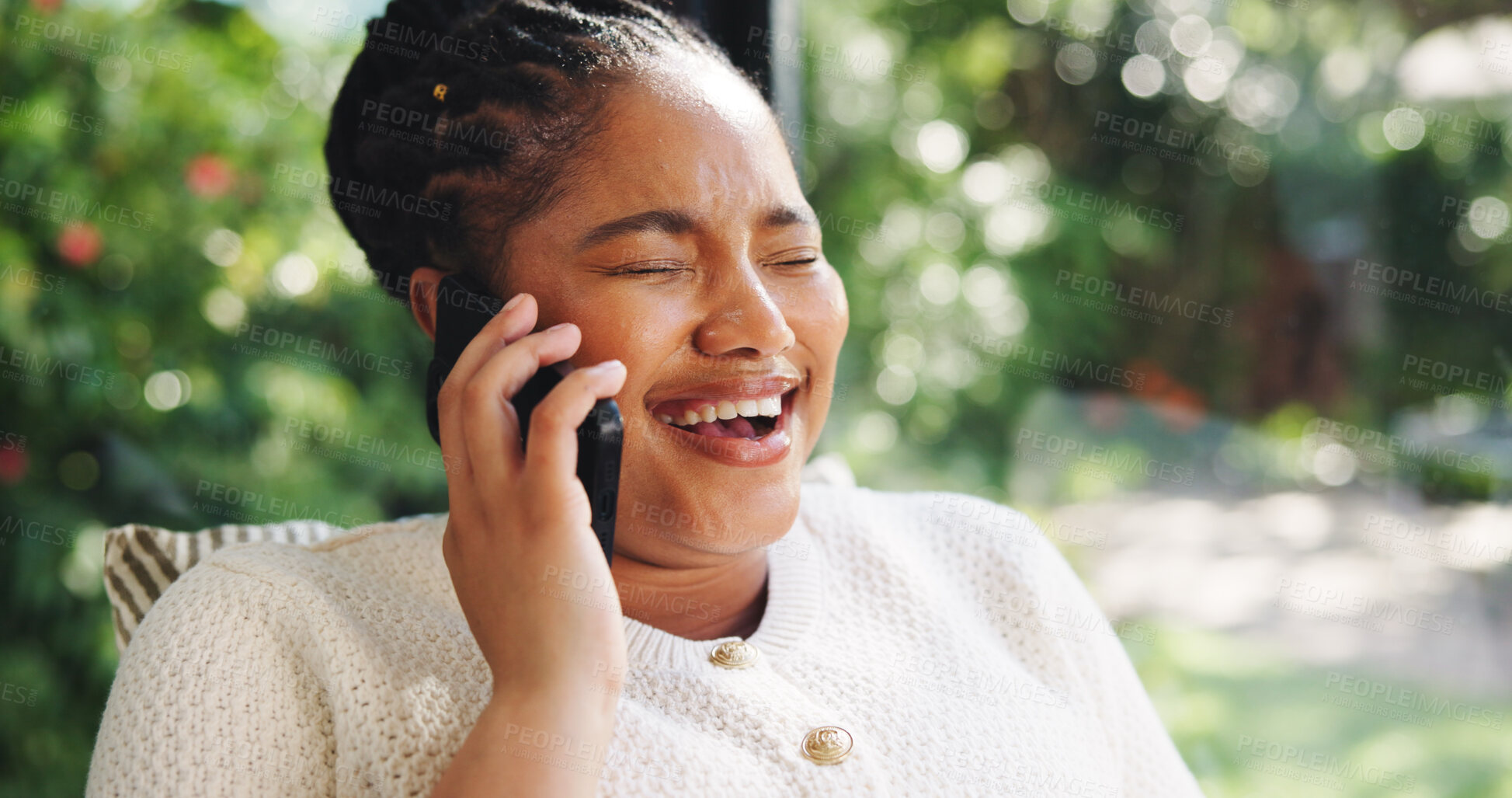 Buy stock photo Laughing, woman and phone call in house, gossip and listening to funny story, communication or chat. Happy, black person and discussion with mobile, joke and humor on break or talking with contact